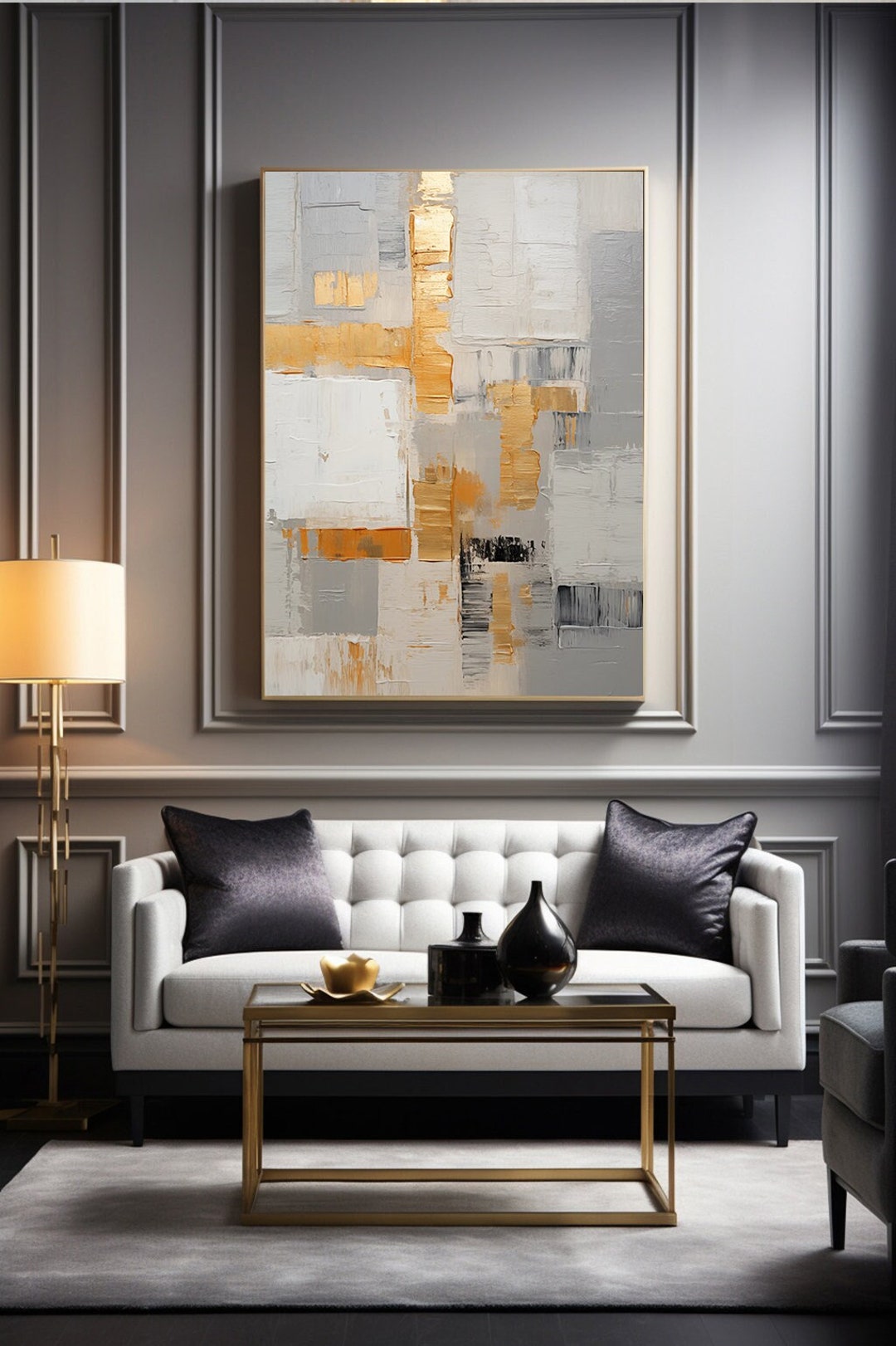 キャンバスボードに描かれた金色とグレーの抽象画、メタリックな長方形