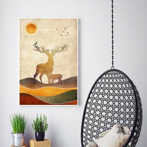 May include: A digital art print featuring a stylized deer with antlers and a fawn in a landscape setting. The background is a muted brown with orange and green accents. The sun is depicted as a yellow circle in the upper left corner.
