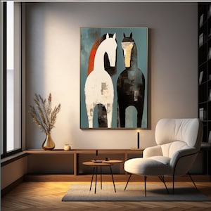 Printable Modern Horses Wall Art for Living Room Bedroom, Black & White Horse Oil Painting on Canvas, Large Original Horses Canvas Wall Art