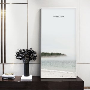 Estético, Foggy Winter Beach Photo Paper Poster, Foto de paisaje, Mar de naturaleza costera brumosa, mañana brumosa en la playa, Sandy Beach