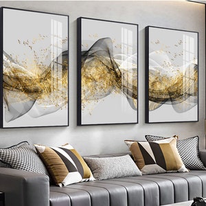 3 sets of Highly-textured oil paint, Original innovative modern light luxury abstract golden ink landscape triptych decorative painting image 2