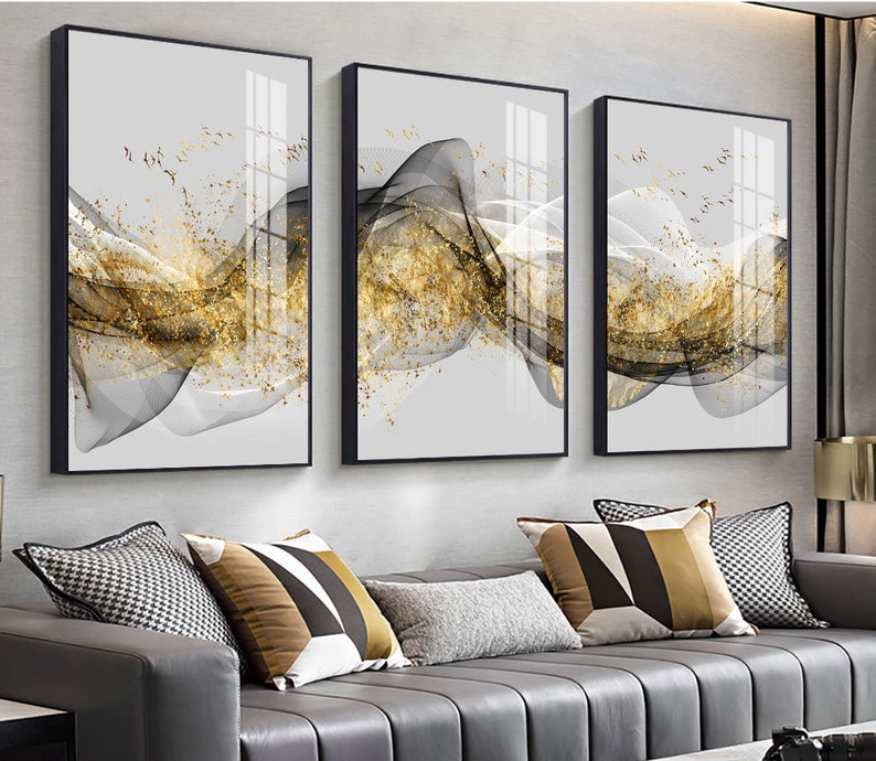3 sets of Highly-textured oil paint, Original innovative modern light luxury abstract golden ink landscape triptych decorative painting image 2