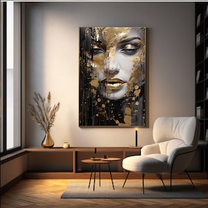 gold painting of beautiful lady face, in the style of splattered/dripped, black and white, Wall Art Printable, home decor, Digital artwork