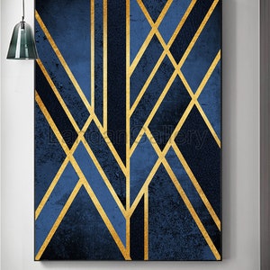 May include: Abstract geometric art print with a blue background and gold lines. The print features a modern design with a textured look.