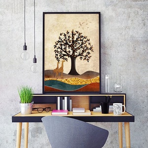 May include: A digital art print featuring a stylized tree with brown branches and gold leaves. Two giraffes stand in front of the tree, and the background is a landscape of brown, blue, and gold colors.