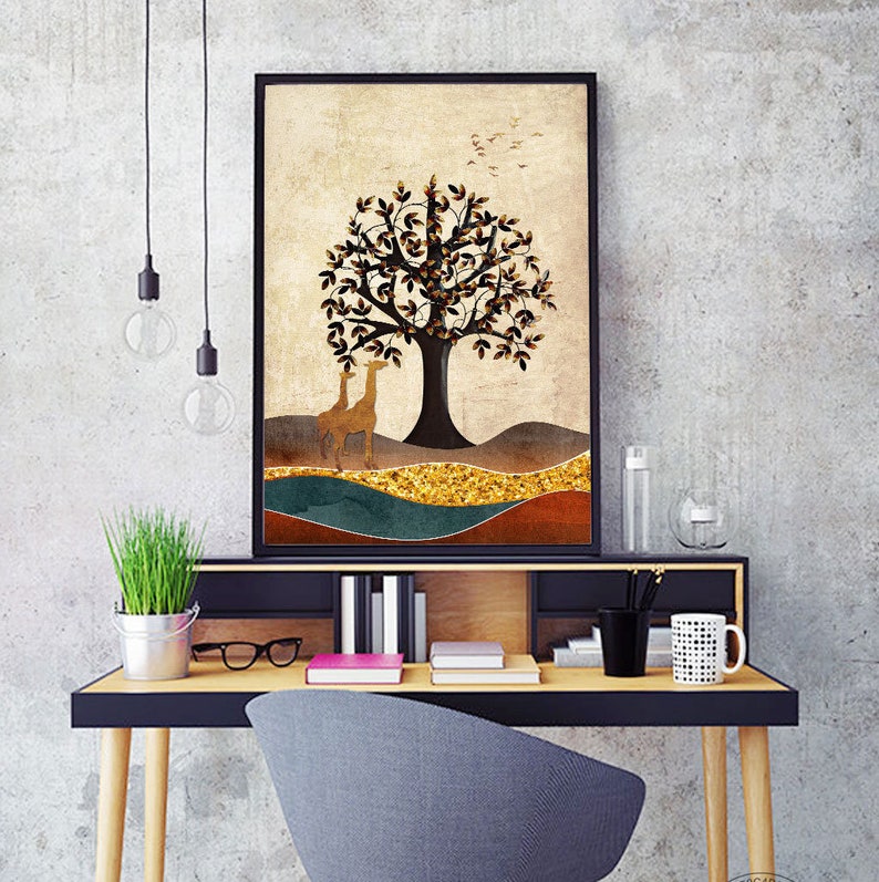 May include: A digital art print featuring a stylized tree with brown branches and gold leaves. Two giraffes stand in front of the tree, and the background is a landscape of brown, blue, and gold colors.