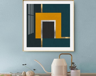 Blue and yellow Abstract geometric wall art printable, square background, Downloadable, Artwork Large Print Living Room Minimalist Art