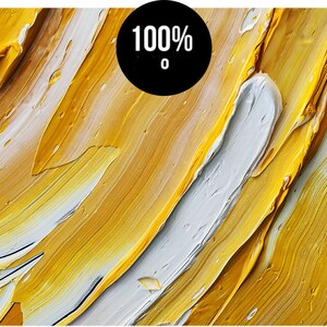 May include: Abstract painting with thick strokes of yellow and white paint. The paint is applied in a swirling pattern, creating a dynamic and textured effect.