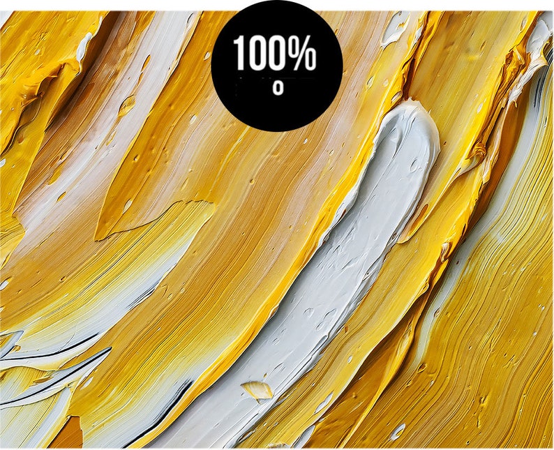 May include: Abstract painting with thick strokes of yellow and white paint. The paint is applied in a swirling pattern, creating a dynamic and textured effect.