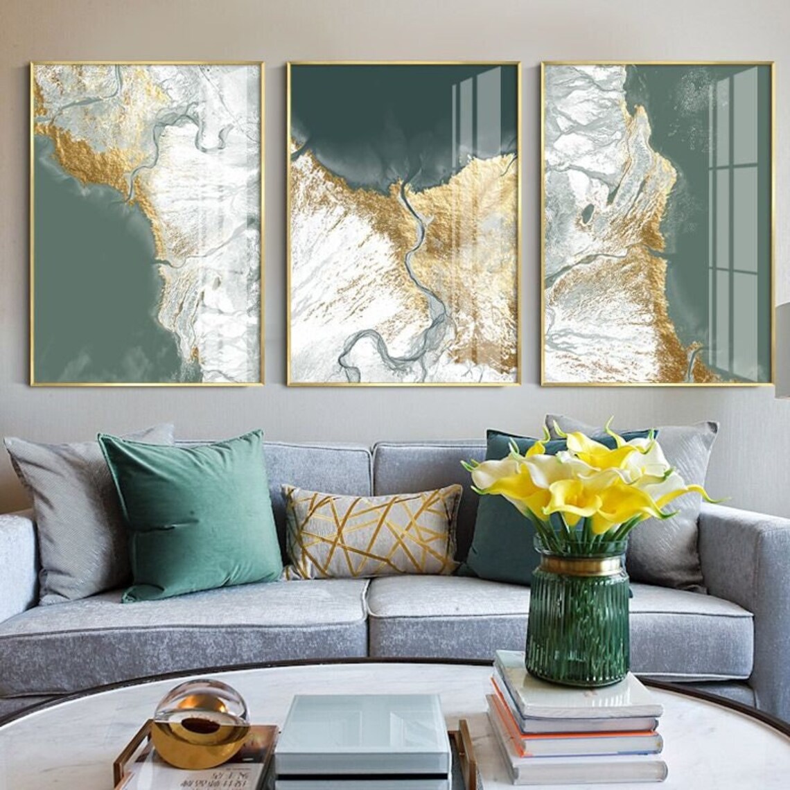 Printable Modern Abstract Green Gold Landscape Canvas Art, Wall Art for ...