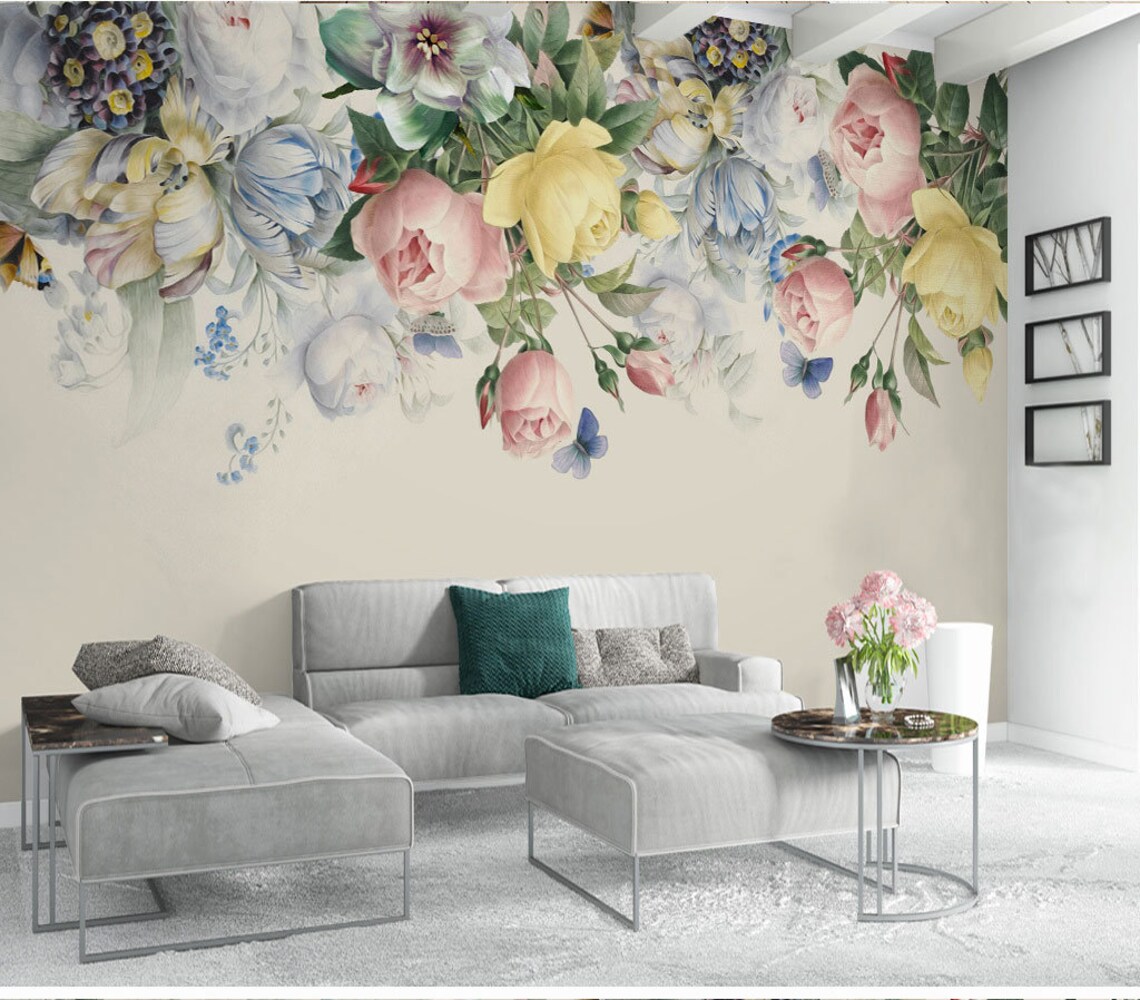 Floral Wallpaper Large Wall Art Printable Nursery Wallpaper Etsy