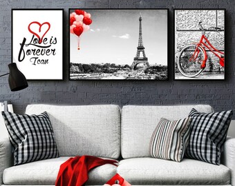 Modern City Series, Love is forever I can,  Red wall art, Black & White, Heart shape balloon, Red bike, France Landscape photography, decor
