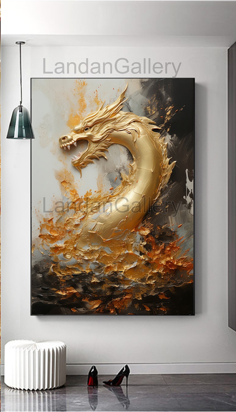 Digital Wall Art, Golden Dragon on Black, White and Gold Background ...