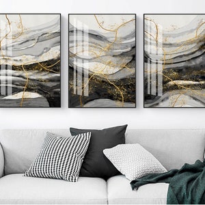 3 sets of Highly-textured gold foil wall art printable, innovative modern light luxury abstract golden smoke landscape decorative painting