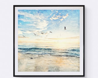Ocean beach art oil painting print, Coastal Print, Blue Water Print, wall art, Blue and white art work, Ocean Waves Print, Seascape Print