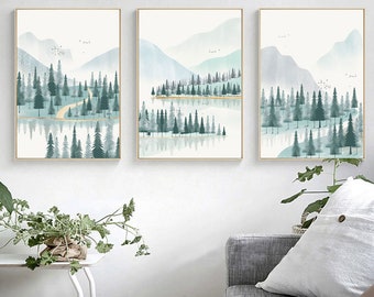 3 sets of landscape printable, forest wall art, forest print, forest printable art, tree art, river, 3 Piece Forest Print, Green Set, nature