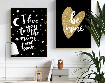 2 set di stampe con citazione, stampabili, ti amo fino alla luna e ritorno, sii il mio a forma di cuore, stelle lunari in lamina d'oro stampabili, decorazione della stanza, arte