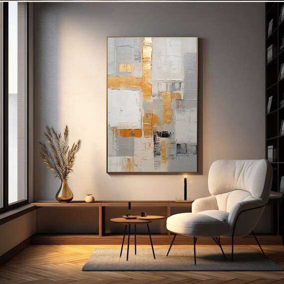 キャンバスボードに描かれた金色とグレーの抽象画、メタリックな長方形