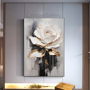 Abstract Floral Painting, White Gold Grey, Dark Black and Beige Style, Metallic Artwork