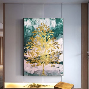 Nordic original Modern abstract emerald background, gold foil tree, american larch, contemporary art home decor gallery Large wall art