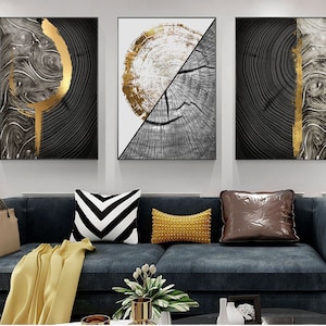 Gold abstract wall art, wall art printable, 3 pieces, Modern minimalist wood grain annual rings, Nordic decorative painting instant download