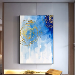 Abstract gold foil ripple, blue background wall art, home decor, kids room, Nordic style, ink brush painting, simple fashion printable art