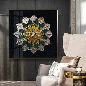 Square printable wall art, Original innovative Chinese light luxury abstract Zen golden flower crystal porcelain decorative painting artwork