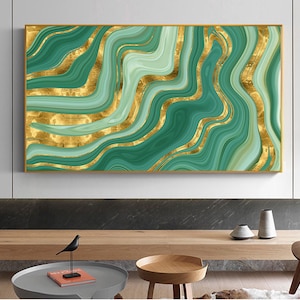 May include: Abstract wall art print featuring a green and gold marble pattern with swirling lines.