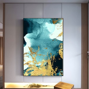 Abstract gold foil printable, watercolor sea waves wall art, home decor, living room, office, instant printable, Indigo Wall Art, Large