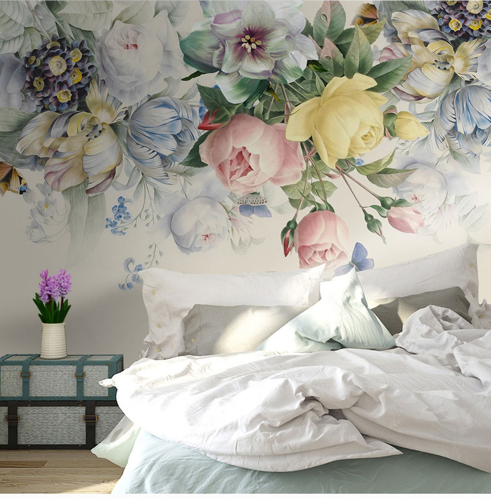 Floral Wallpaper Large Wall Art Printable Nursery Wallpaper Etsy