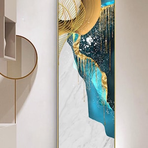 50x180cm, arte de parede vertical longa imprimível, fundo de mármore esmeralda de folha de ouro de luxo, arte de parede grande para hotel, arte de parede em tela, decoração