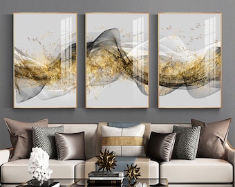 3 sets of Highly-textured oil paint, Original innovative modern light luxury abstract golden ink landscape triptych decorative painting