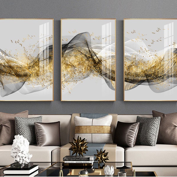 3 ensembles de peinture à l'huile hautement texturée, peinture décorative triptyque paysage original, original, innovant, moderne, luxe, abstrait, encre dorée, triptyque