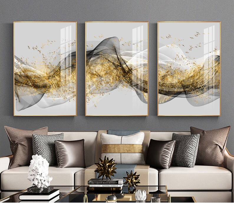 3 sets of Highly-textured oil paint, Original innovative modern light luxury abstract golden ink landscape triptych decorative painting image 1