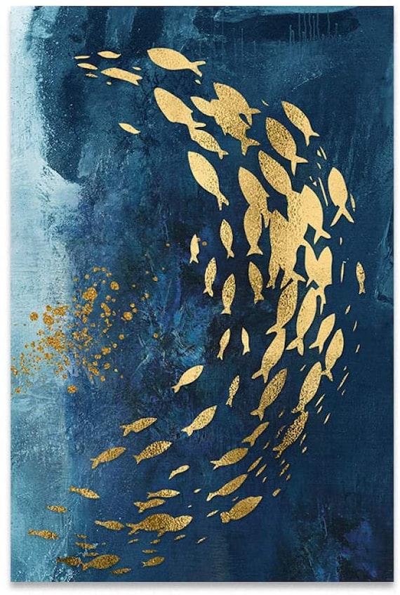 2枚セット ブルー 絵画 金箔 魚アート モダン 抽象 北欧スタイル