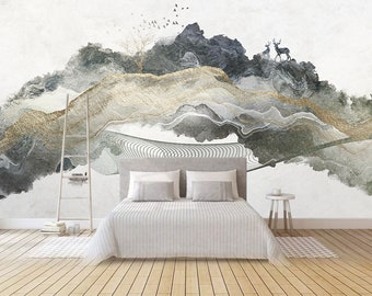 Abstract Chinese ink brush style background, gold foil tree, Elk bird, forest element, wallpaper printable, large wall art black and white