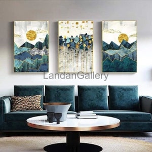 3 Pieces Abstract Mountain Landscape wall art painting Golden Sun Art Poster Print Wall picture for Living Room, Nordic style wall decor