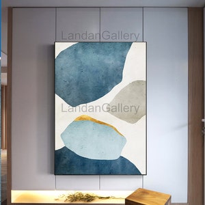 Abstract Nordic Modern Minimalist gold lines art work, Geometry blue blocks wall art, blue grey home decor, for living room ,dinner room