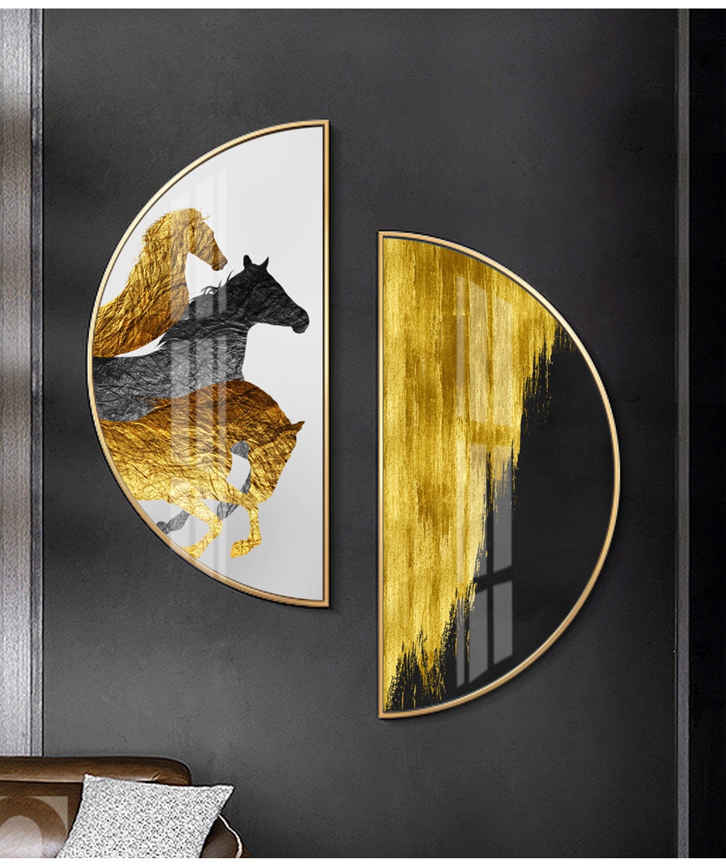 Printable Set of 2 Half Circle Paintings, Black and Golden