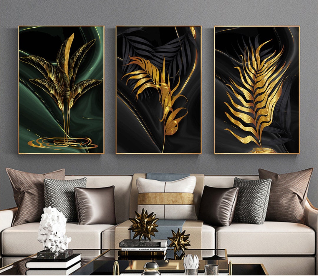 Luxury Black  Gold Leaves Painting Wall Art Printable Modern Etsy