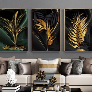 Luxury black & gold Leaves Painting Wall Art printable,  Modern Art Posters And Prints Abstract Black Living Room Pictures Unique Decoration
