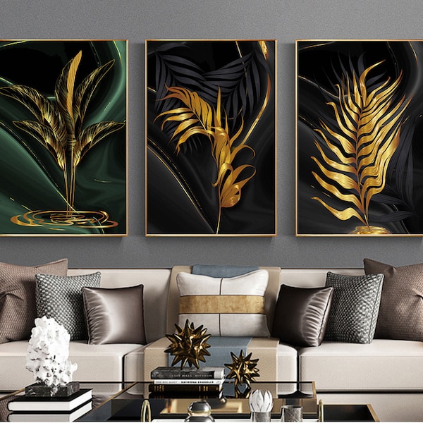 Luxury black & gold Leaves Painting Wall Art printable,  Modern Art Posters And Prints Abstract Black Living Room Pictures Unique Decoration