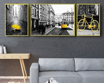 Moderne Stadt-Serie, Eiffelturm-Wandkunst, Retro-Schwarzweiß, französische Straßenansicht, Paare, gelber Regenschirm, Fahrrad, Straßenbahn, französisches Dekor