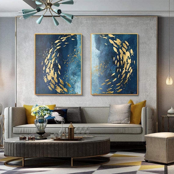 2枚セット ブルー 絵画 金箔 魚アート モダン 抽象 北欧スタイル