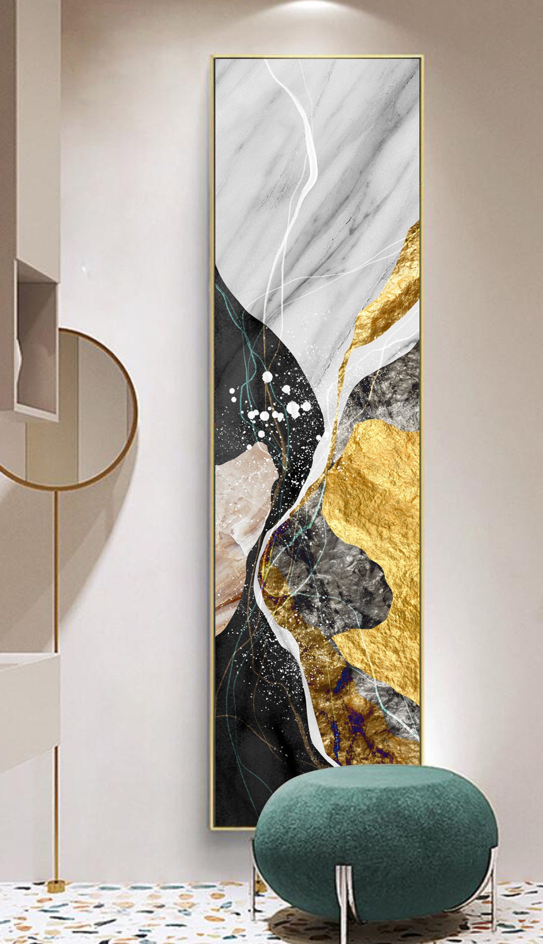 50x180cm, Long Vertical Wall Art Printable, Luxury Gold Foil Black With