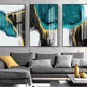 set of 3 abstract painting instant download,large home décor, Emerald Green black gold foil colorful printable artwork, extra large wall art