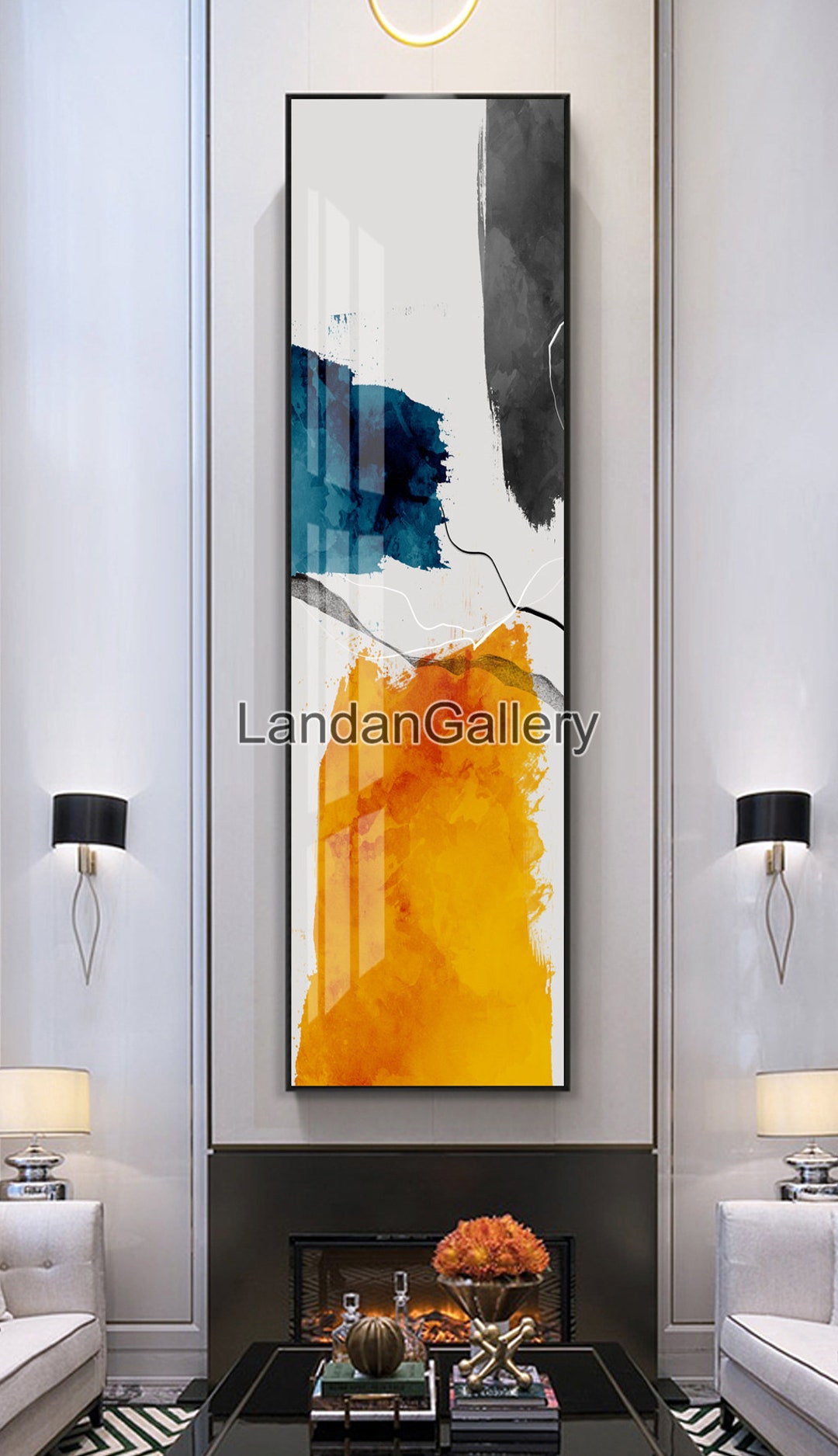 50x180cm, Long Vertical Wall Art Printable, Black Gray Blue Orange Watercolor Artwork, for ...