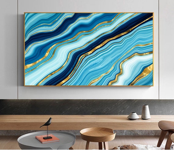 Horizontal wall art, Liquid marble texture, blue and golden glitter ink painting, for cover or brochure,  abstract pattern Premium poster