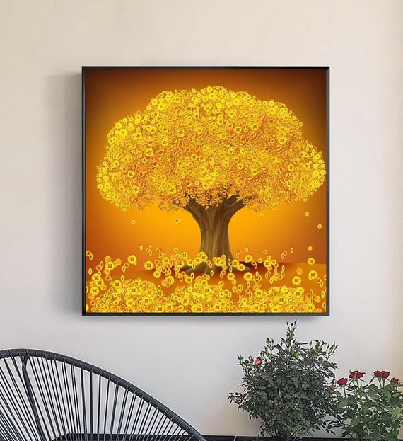 Digital printable Gold Money Tree, Decoration Painting, Golden Tree  Pattern, Wall Decor Fall Christmas Gifts, Square Wealthy painting