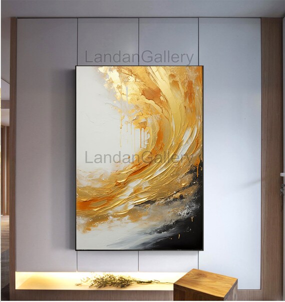 SYGALLERIER Quadro Astratto Città Con Lamina D'Oro - Tela 75x100 Cm, Dipinto A Mano, Moderno In Bianco E Nero, Per Soggiorno E Camera Da Letto